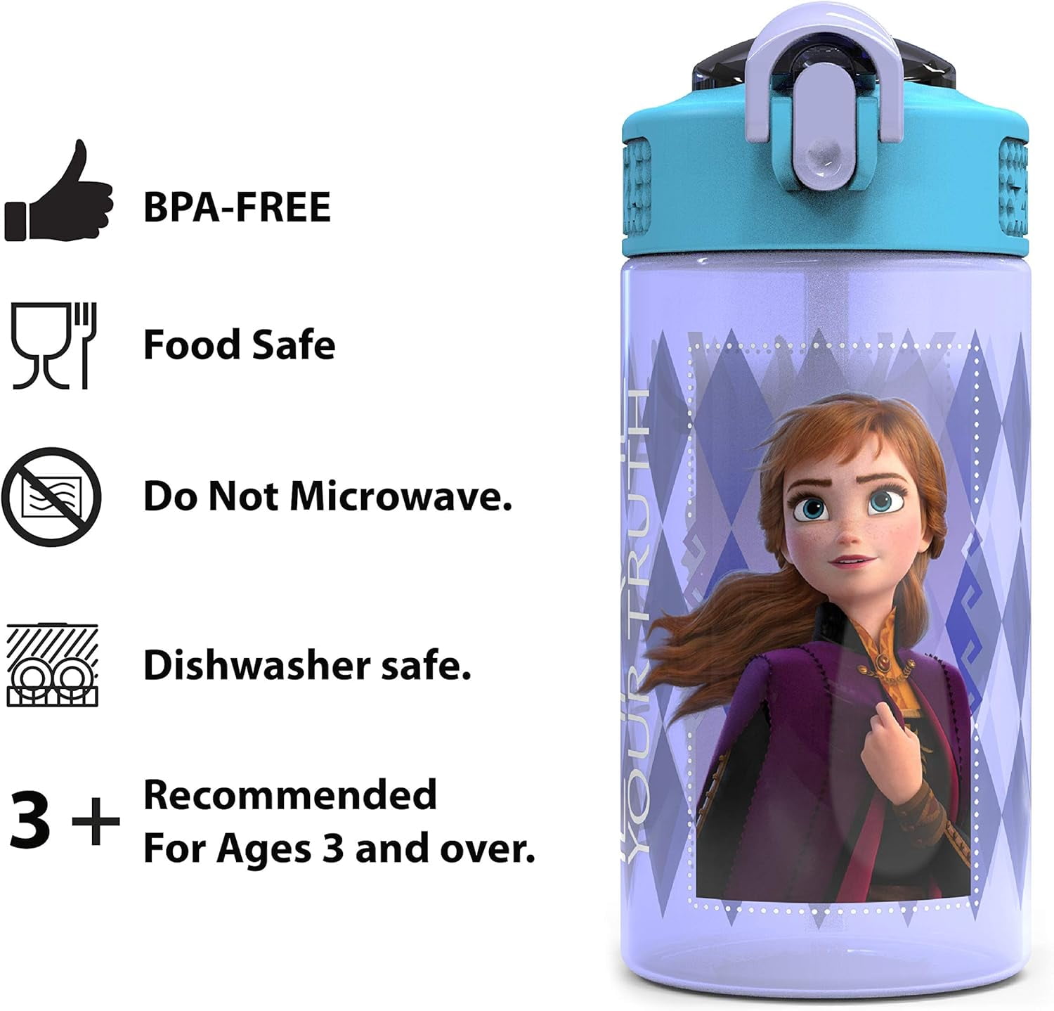 Zak Designs 2pc 16 oz Disney Frozen 2 Movie Kids Water Bottle Plastic with Easy-Open Locking Spout Cover for Travel, Anna and Elsa