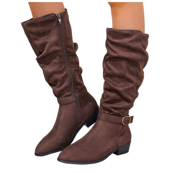 Dakaela Women's Slouchy Knee High Boots Chunky Low Heel Winter Tall Boot Buckle Wide Calf Riding Combat Boots