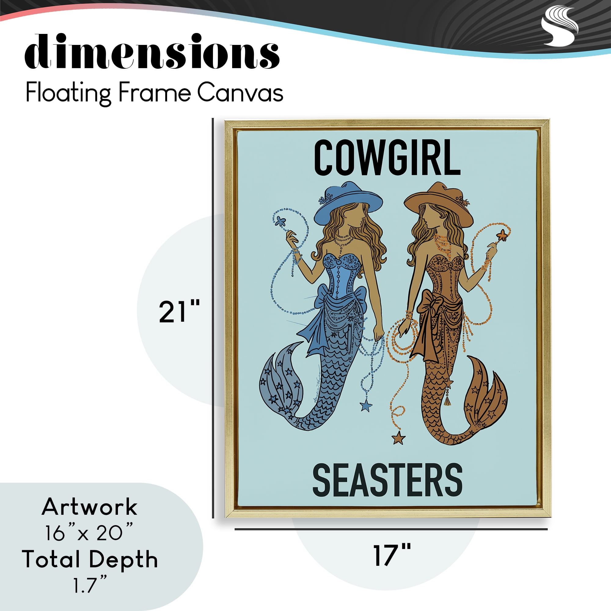 Cowgirl Seasters Mermaid Friendship Gold Framed Floater Canvas Wall Art, design by Amelia Noyes