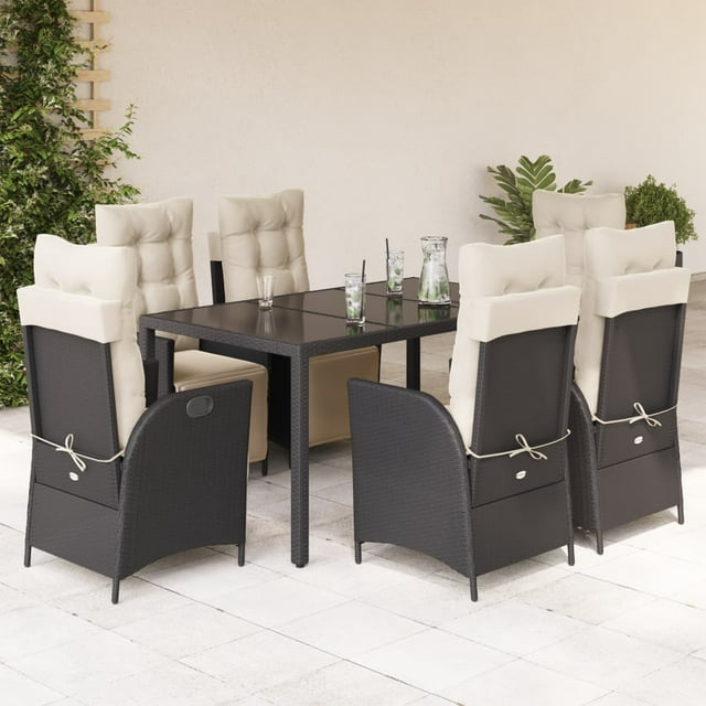 vidaXL 7 Piece Garden Dining Set with Cushions Black Poly Rattan
