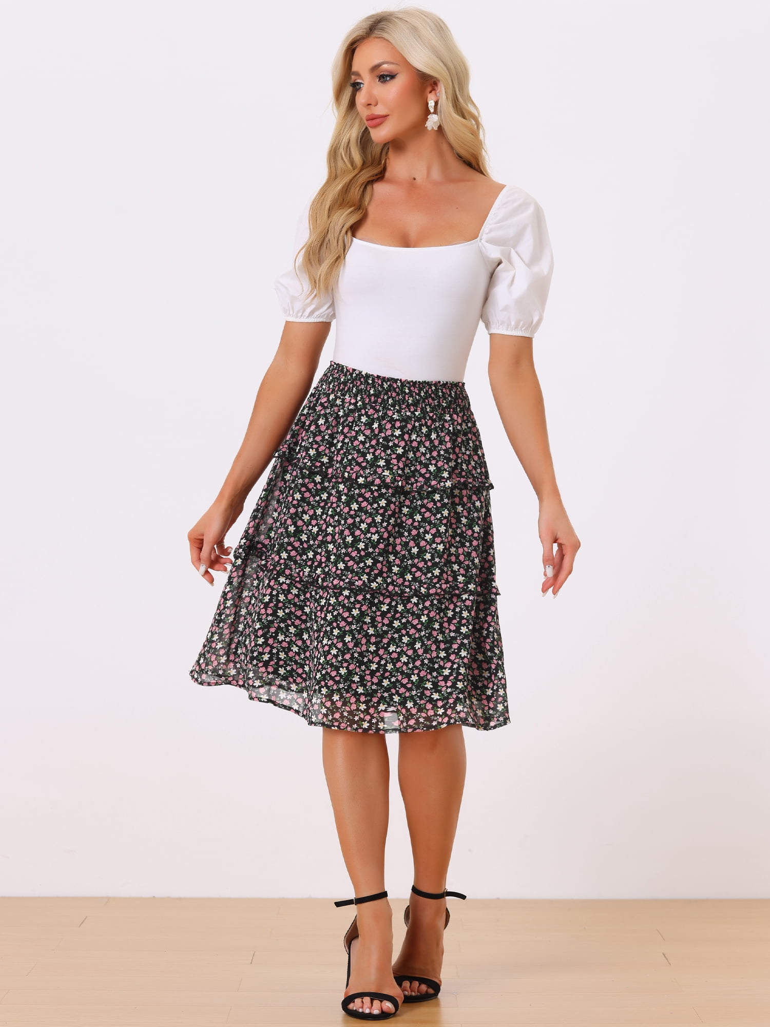 DARING DIVA Women's Floral Chiffon Layer Ruffle Hem Midi Skirt L Black1