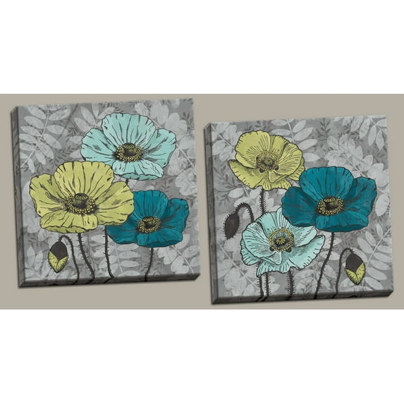 2 Teal and Green Poppy and Bud Floral Set; Two 12 by 12-Inch Hand-Stretched Canvases