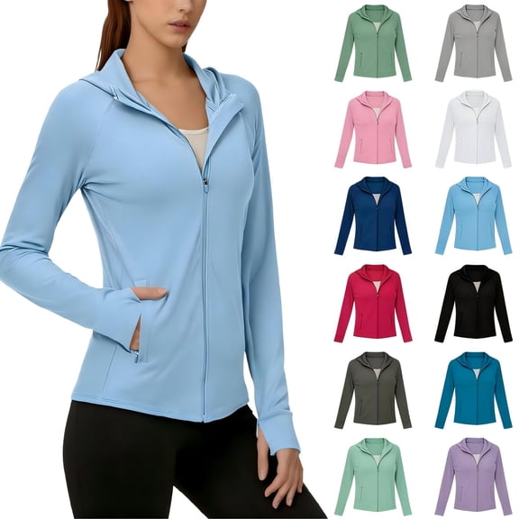 Tqcoqu Sun Protection Jackets for Women Long Sleeve Zip up Hooded Shirts Lightweight Athletic Quick Dry Hoodie with Pockets,Black,Women's S-XXL