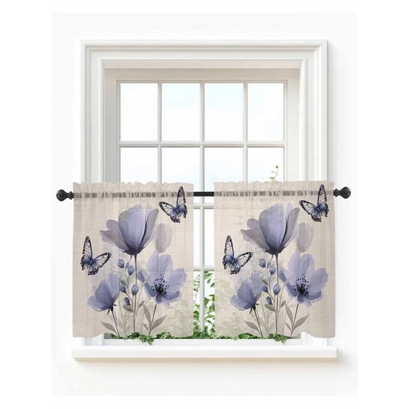 Purple Flowers Tier Curtains 36 Inch Length,Sheer Curtains for Bedroom Living Room,Spring Farmhouse Retro Tulip Butterfly Rod Pocket Voile Drapes Kitchen Curtains for Small Window 27.5"x36" 2 Panels