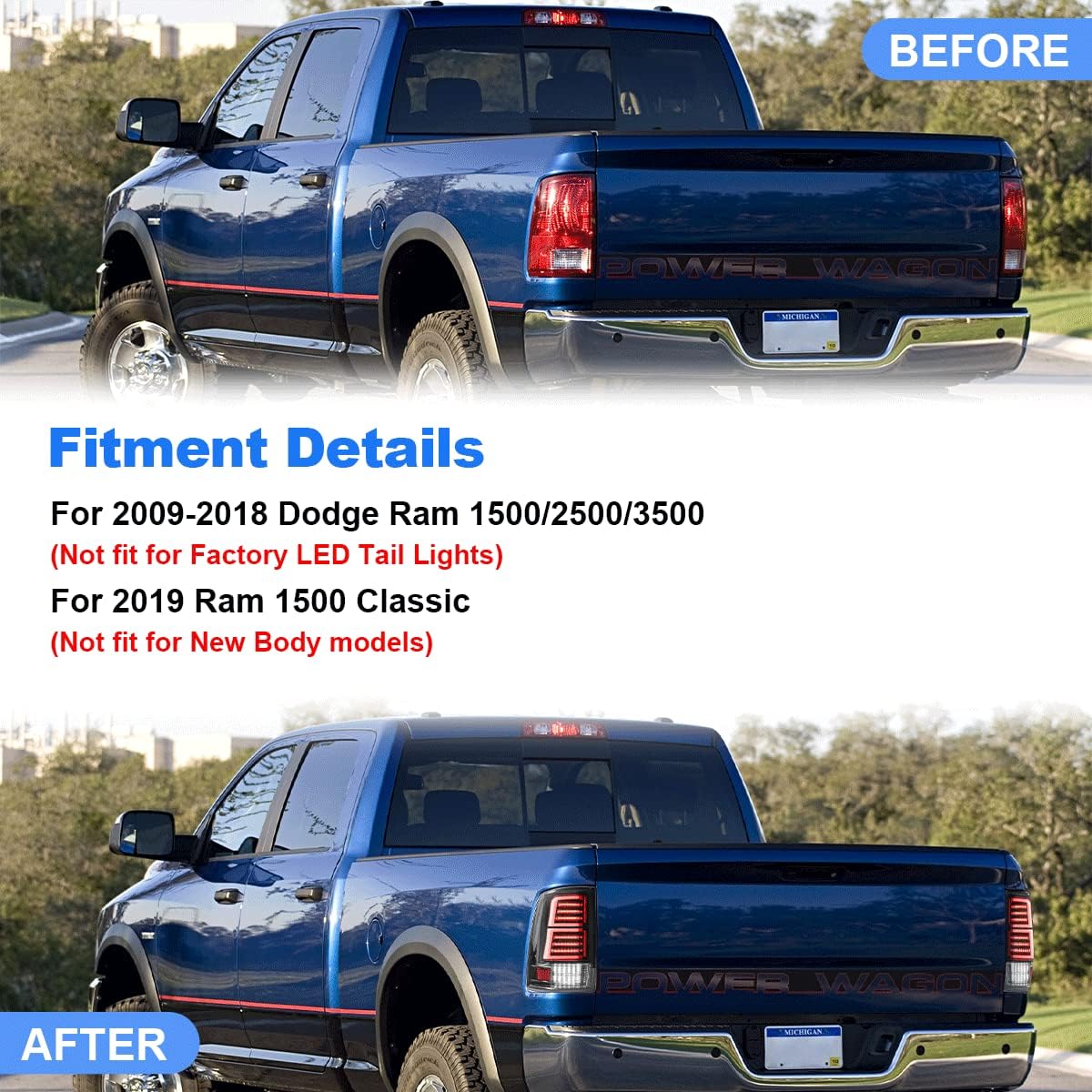 2009-2018 Dodge RAM 1500 / 2019-2021 RAM Classic / 2010-2018 RAM 2500 3500 White Bar LED Tail Lights (Glossy Black Housing/Clear Lens) - Spec-D Tuning