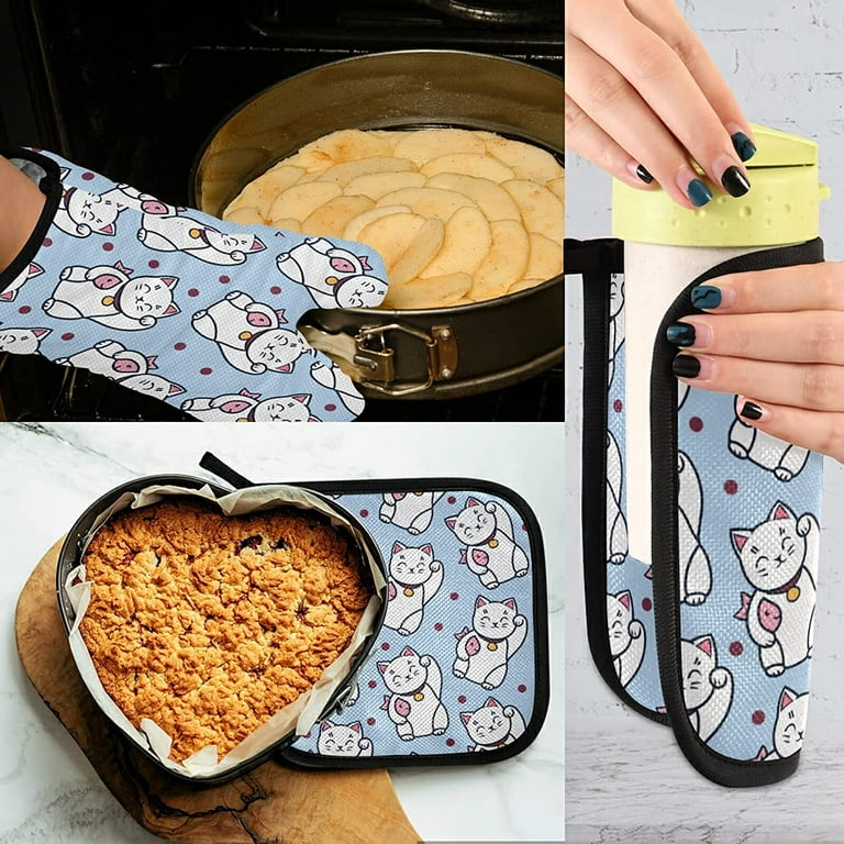 Oven Mitts and Pot Holders Set High Insulated Oven Gloves with Heat  Insulation Pad Cat with Fish Soft Cotton Lining and Non-Slip Surface Kitchen  Mitten for Safe BBQ Cooking Baking 
