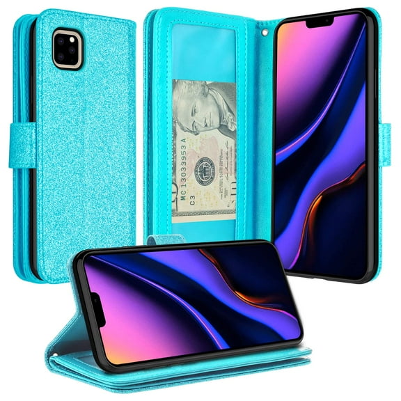 Case for iPhone 11 Pro Case [Kickstand] Pu Leather Wallet Case ID & Credit Card Slot for Apple iPhone 11 Pro - Glitter Teal