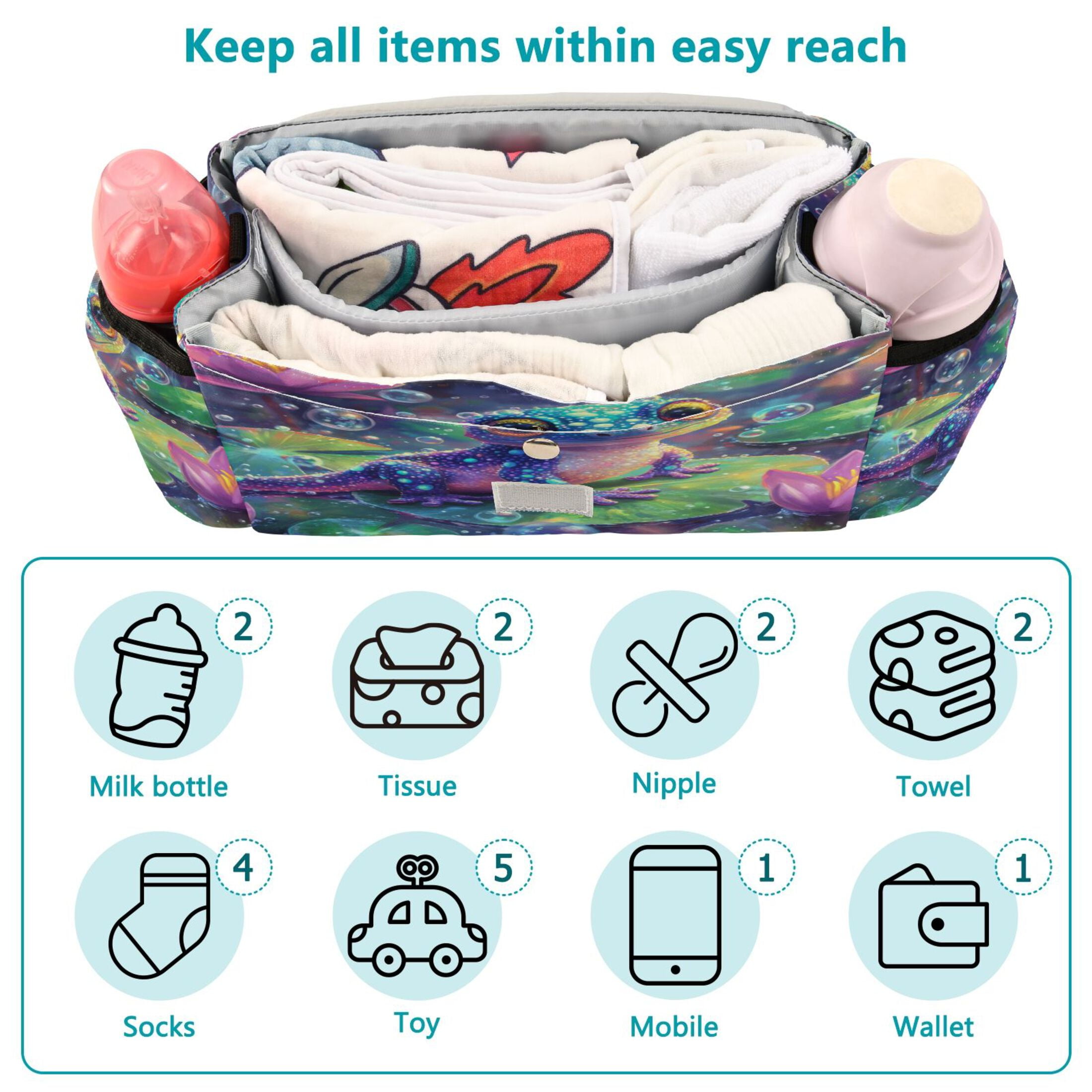 DIXRUYEE Stroller Organizer Colorful Frog Among Lotus Blooms Printed