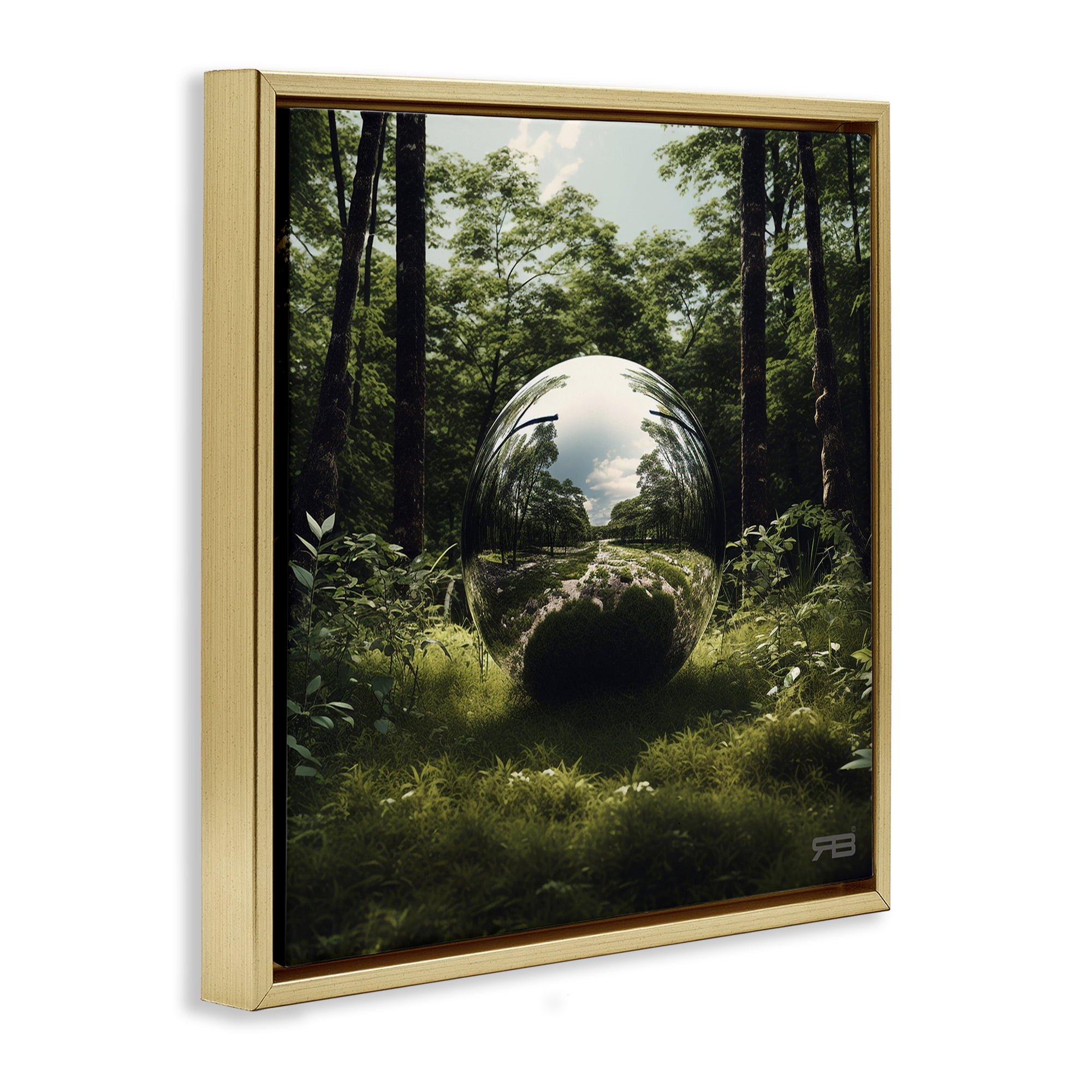 Stupell Industries Reflective Ball in Nature Landscape & Nature Painting Gold Floater Framed Canvas Art Print Wall Art, 18 x 18