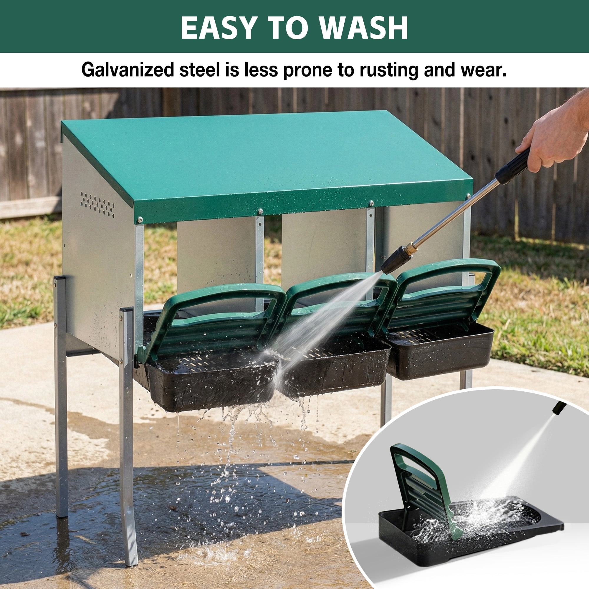 3-Hole Chicken Nesting Boxes with Legs & Lid Cover, Galvanized Steel Alloy Chicken Laying Box, Gravity Roll Egg Design, Green Poultry Nest Box for Outdoor Coop Farm Yard