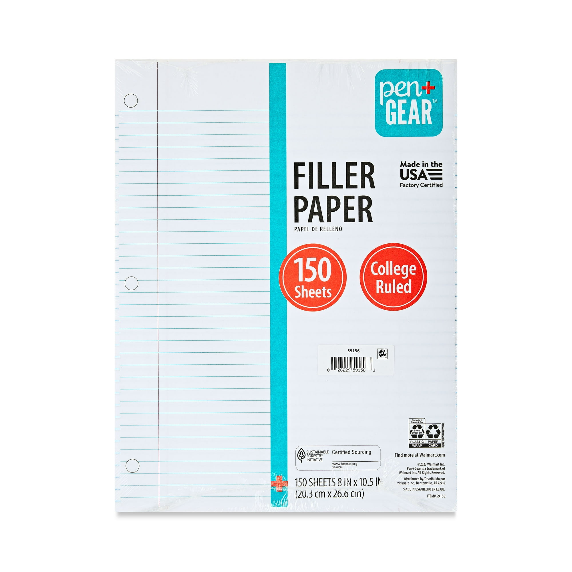 Pen+Gear College Ruled Filler Paper, 10.5" x 8", 150 Sheets (59156)