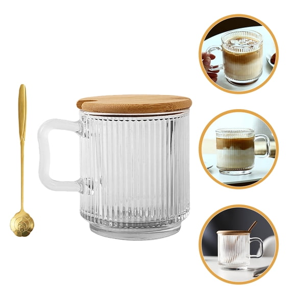Glass Coffee Mugs with Lid and Spoon Easy to Grip Handle for Home Use 2 Sets