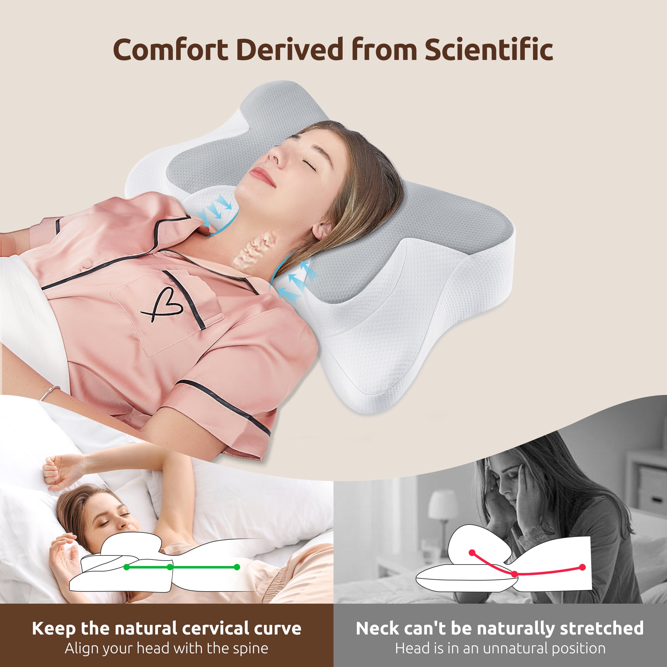 MOONORAH Memory Foam Pillow for Neck Pain Relief Cervical Sleepers Standard/Queen Gray