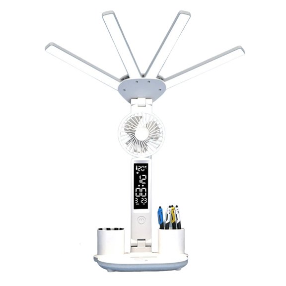 LED Desk Lamp for Office Home, Desk Lamps with Fan, Bright Four-Headed Table lamp, Adjustable Foldable Table Lamp with Clock Date Fan Pen Down,Temperature,Stepless Dimming Desk Lights