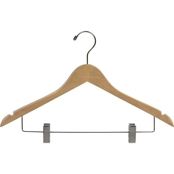Wood Combo Hanger w/ Cushion Clips, Box of 25 Space Saving 17 Inch Flat Wooden Hangers w/ Natural Finish & Chrome Swivel Hook & Notches for Shirt Jacket or Dress by International Hanger