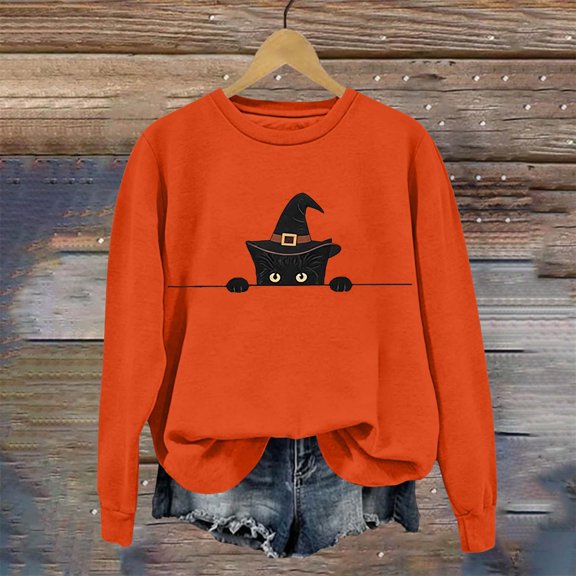 Womens Vintage Halloween Sweatshirt Crewneck Long Sleeve Pullover with Cute Pumpkin Graphic for Fall Spooky Season