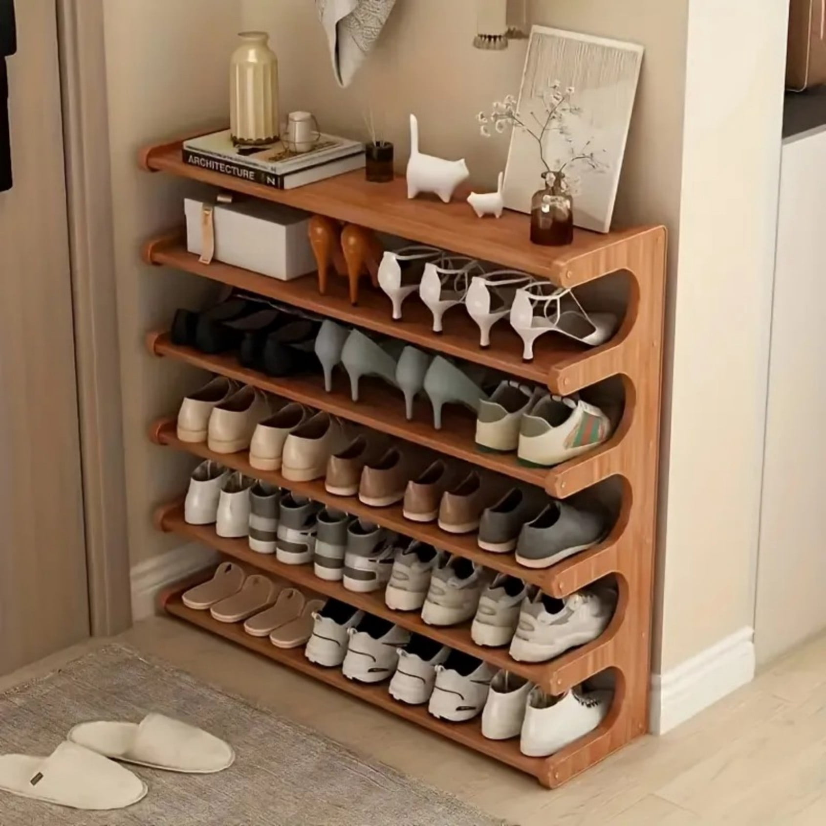 5 Tier Bamboo Shoe Rack Organizer, Free Standing Vertical Shoe Storage Shelf for Entryway Closet Hallway, Brown
