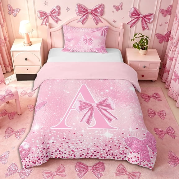 Meiyoeat Glitter Pink Letter A Twin Duvet Cover for Girls, Sparkle Bow Print Twin Bedding for Bedroom,Pink Reversible,2pcs,No Comforter