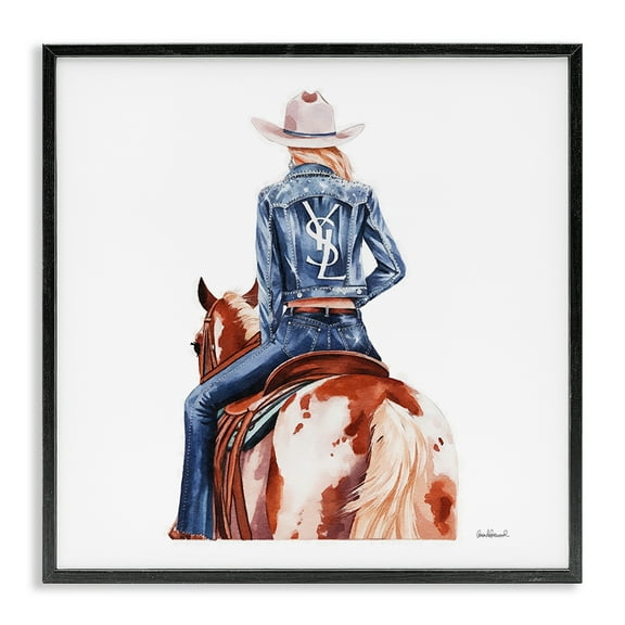 Stupell Industries Trendy Cowgirl on Horse People Painting Black Framed Art Print Wall Art, 12 x 12