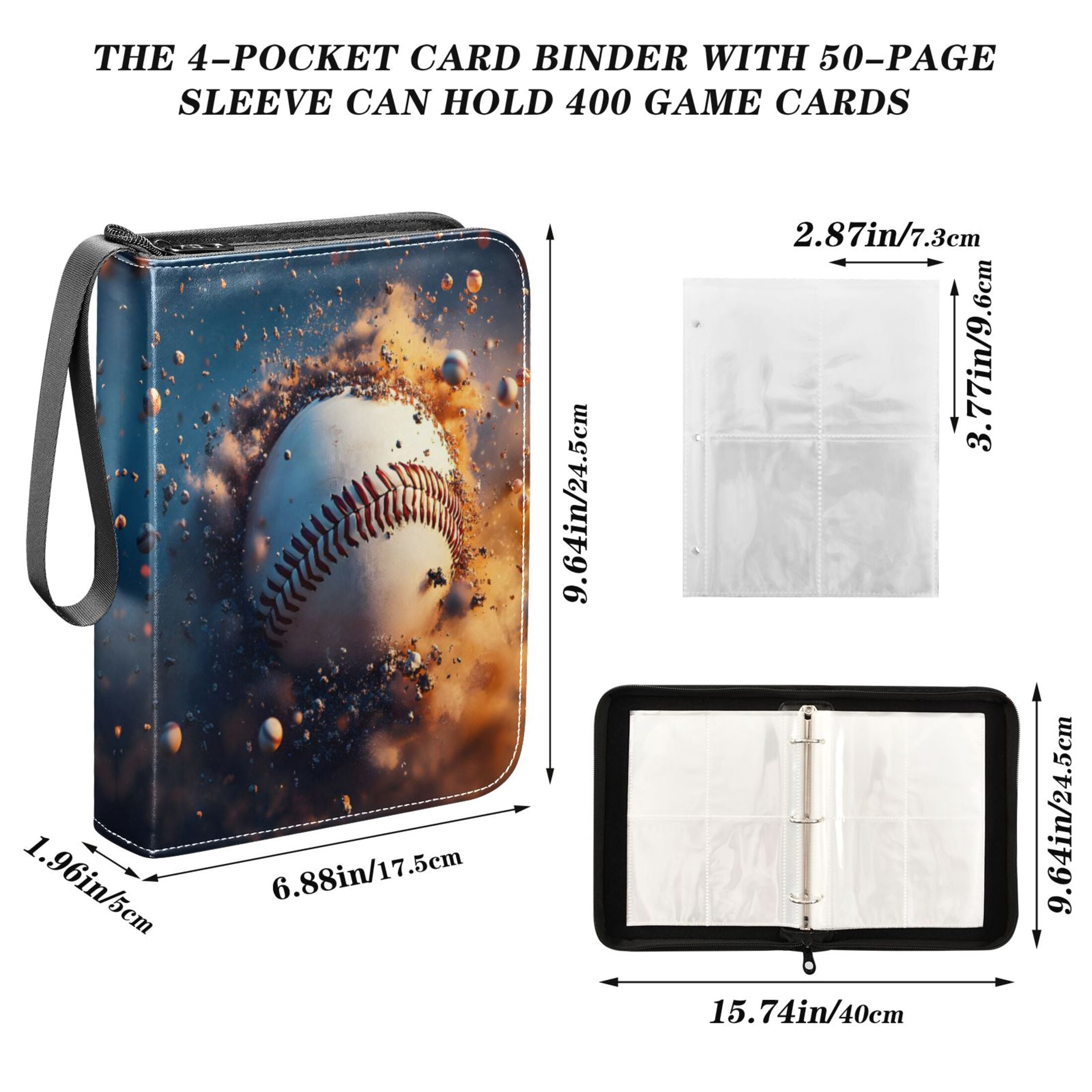 ALAZA Baseball Burning Trading Card Binder 4 Pocket Cards Collection Album 400 Folder Holder