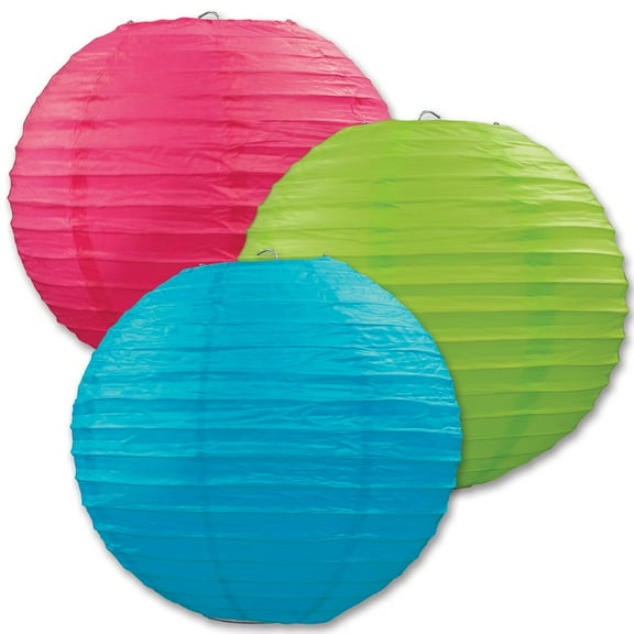 Beistle Club Pack of 18 Round Green, Blue and Pink Hanging Paper Lanterns 9.5"