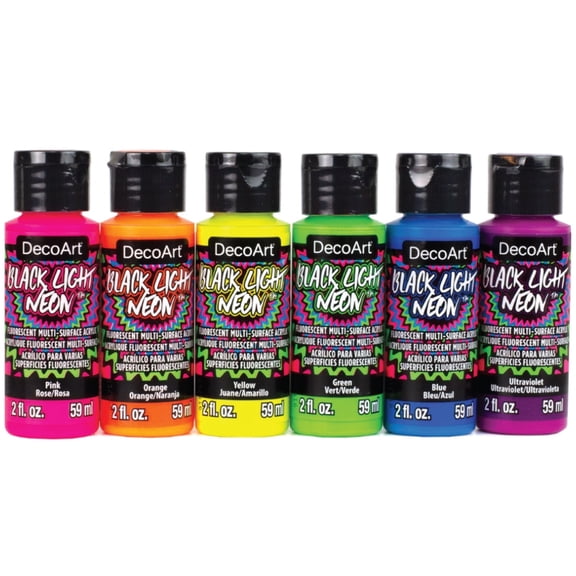 DecoArt Black Light Neon Acrylic Paint Set , 6 colors, 2 fl oz Bottles
