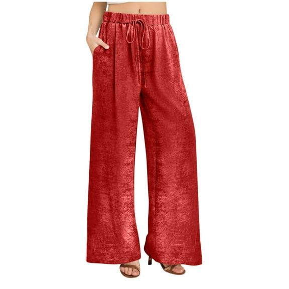 Jalioing Dressy Casual Trousers for Women Drawstring Waist Straight Leg Loose Pants Shiny Long Pants with Pocket