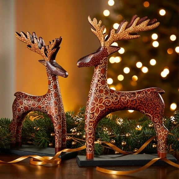 Batik Wood Tabletop Holiday Reindeers Set