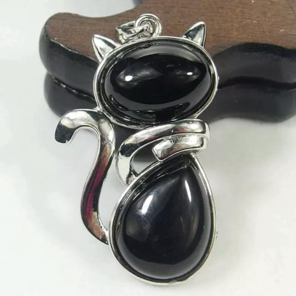 HOOUN Natural Gemstone Cat Fox Animal Reiki Chakra Pendant Charms Crystal Quartz Stone-Black Agate