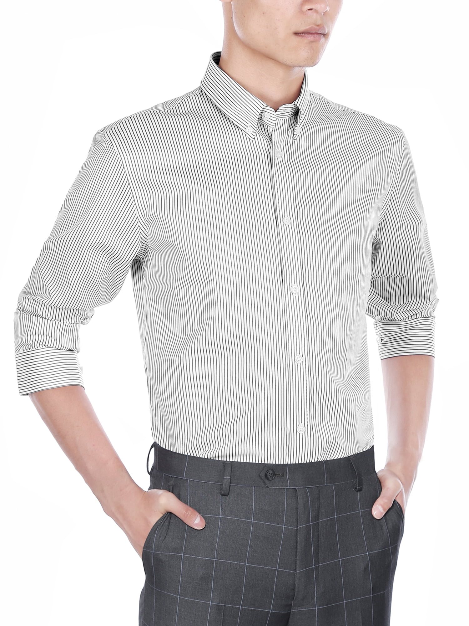 Mens Slim Fit Long Sleeve Black and White Stripe Dress Shirt - Walmart.com