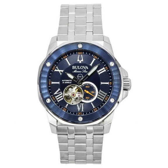Bulova Marine Star Stainless Steel Open Heart Blue Dial Automatic 21 Jewels 98A302 200M Men's Watch