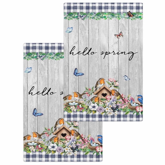Spring Botanical Kitchen Dish Towels for Drying Dishes Set of 2, Vintage Black Plaid Brown Wooden Grain Waffle Weave Microfiber Hand Tea Bathroom Towels Quick Dry & Absorbent Towel 15.7x23.6
