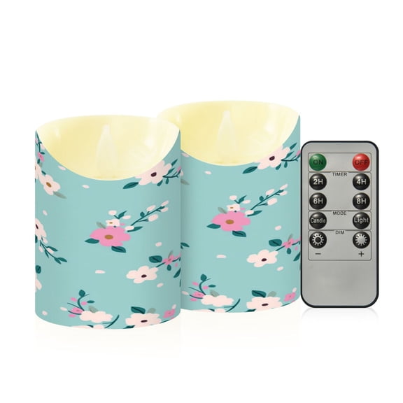 2 PCS Tilted Flameless Candles Flickering LED Lights Battery Operated Candles with Remote Timers for Holiday Decor Pink and Teal Floral Pattern