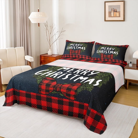 Homewish Merry Christmas Kids Full Size Sheets, Black Red Buffalo Plaid Bed Sheets, Dreamy Starry Sky Sheet Sets, Microfiber Bedroom Decor, 4pcs
