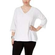 JM Collection Plus Size Cotton Lace-Trim Top (Bright White, 0X)