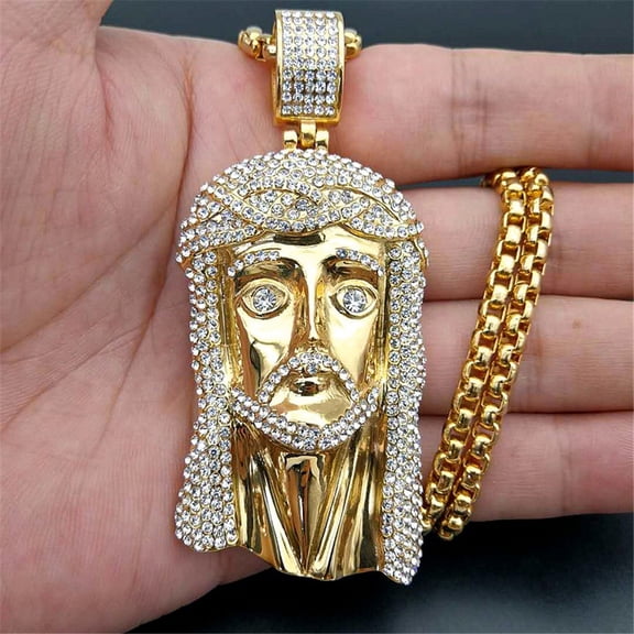 Men's Necklace Jesus Christ Head Pendant With 14K Yellow Gold Chain and Iced Out Bling Rhinestone Necklace Hiphop Golden Jewelry