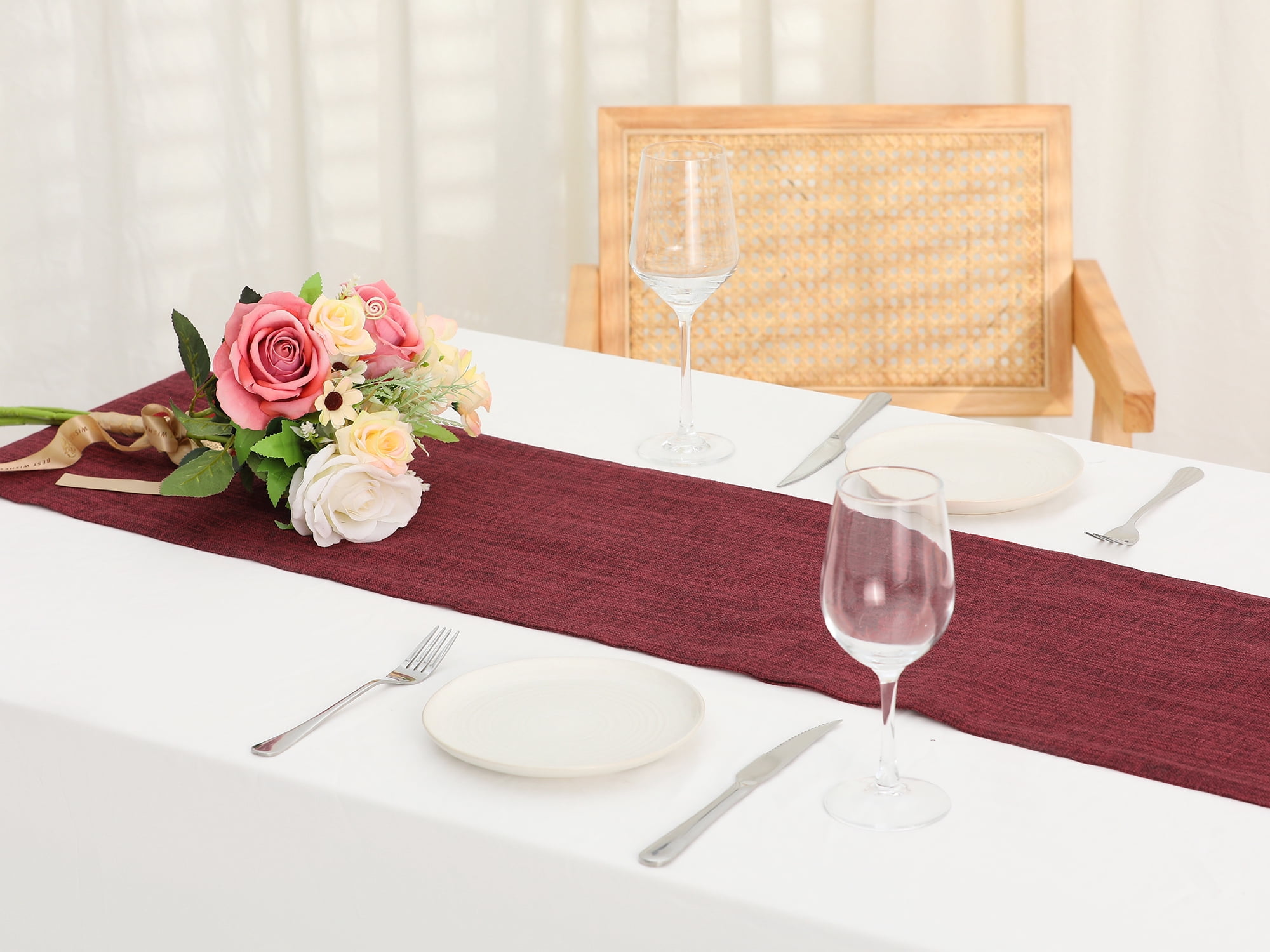 Unique Bargains 1 Pack Solid Color Table Runner Long Linen Table Banner Wine Red 12"x63"