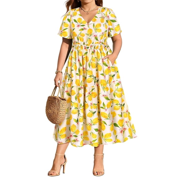 CASSIE LIZ Womens Plus Size Dresses V Neck Lemons Print Maxi Dress Elastic Waist with Pockets Summer Spring Short Sleeve Party Beach Holiday Dress (XL-5XL)
