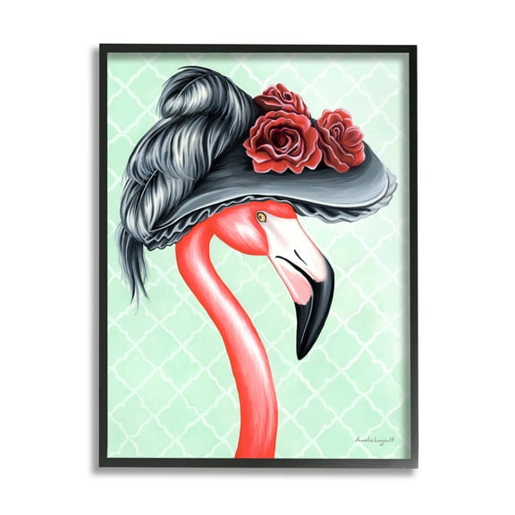 Stupell Industries Classy Flamingo Vintage Black Floral Hat Green Pattern Graphic Art Black Framed Art Print Wall Art, Design by Amelie Legault