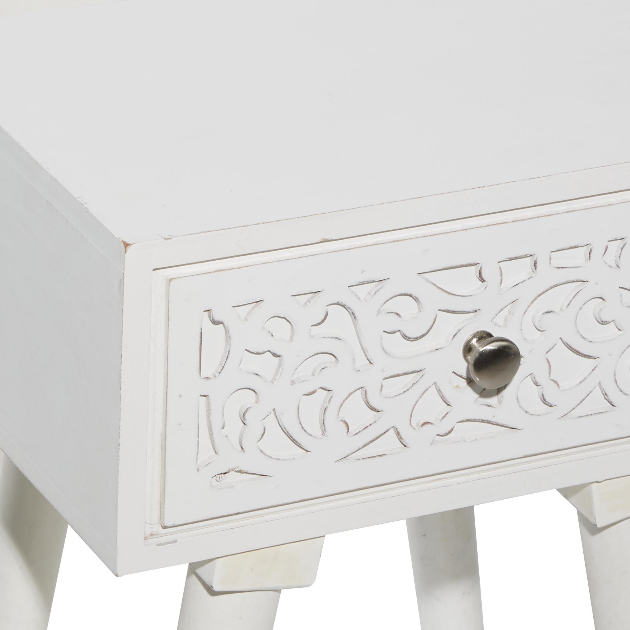 DecMode 16" x 24" White Mango Wood Intricately Carved Single Drawer Scroll Accent Table, 1-Piece