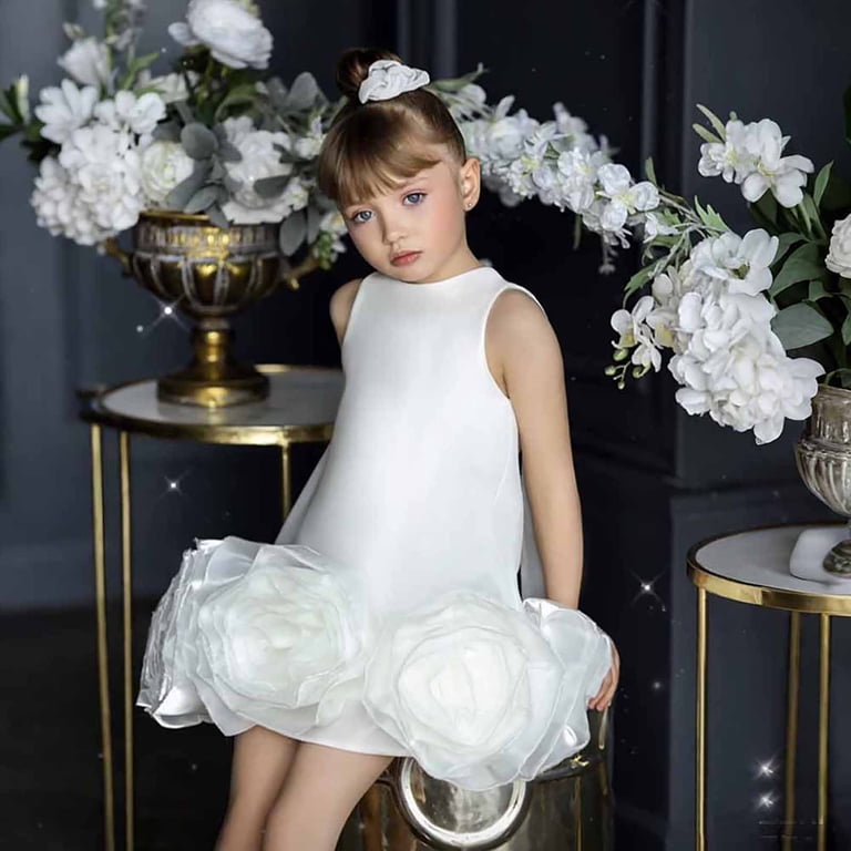 Mezzall Girls Dresses O-Neck Satin Puffy Dress with 3D Flowers Casual Outdoor Party Gown for Toddler Kids Summer Wear Sundress Cute / 5-6 Years