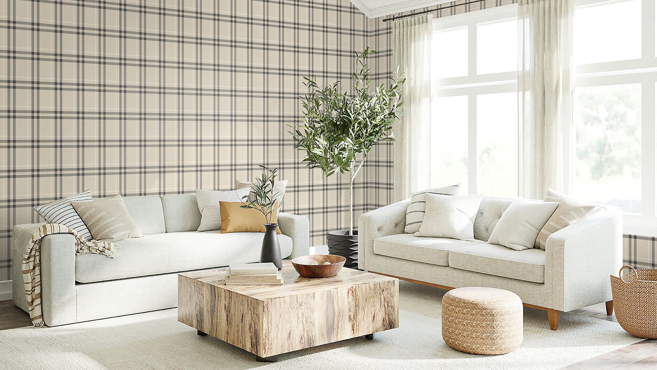 Seabrook Designs Linen & Ebony Calverlay Plaid Prepasted Wallpaper - 20.9 in. W x 33 ft. L Roll