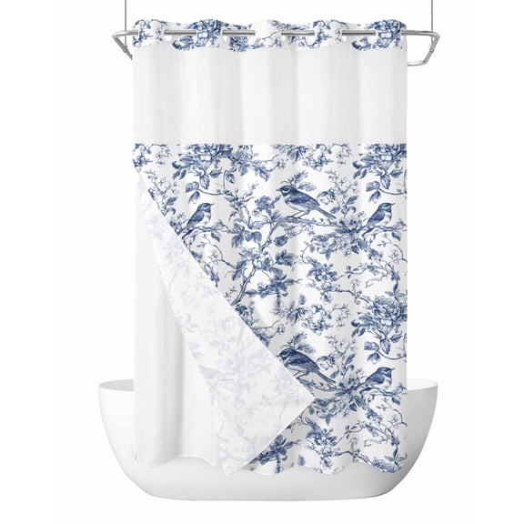 No Hook Shower Curtain with Snap-in Liner, Blue Botanical Waterproof Fabric Bathroom Curtains, Vintage Botanical Birds Bath Curtains & Mesh Top Window Stand Up Stall Stand Up Stall 36"x72"