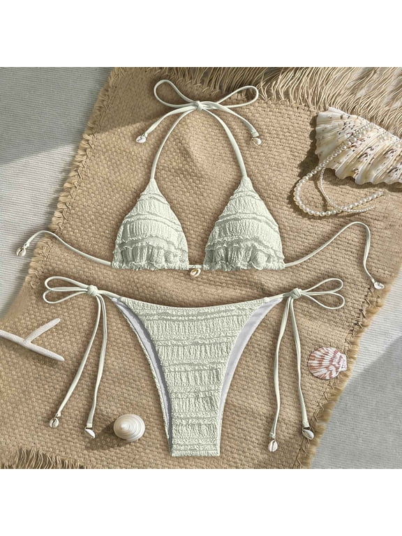 Ruffled Textured Halter Triangle Bikini Two Piece Swimsuit with Bead Embellishments Tie Side High Cut Beige L