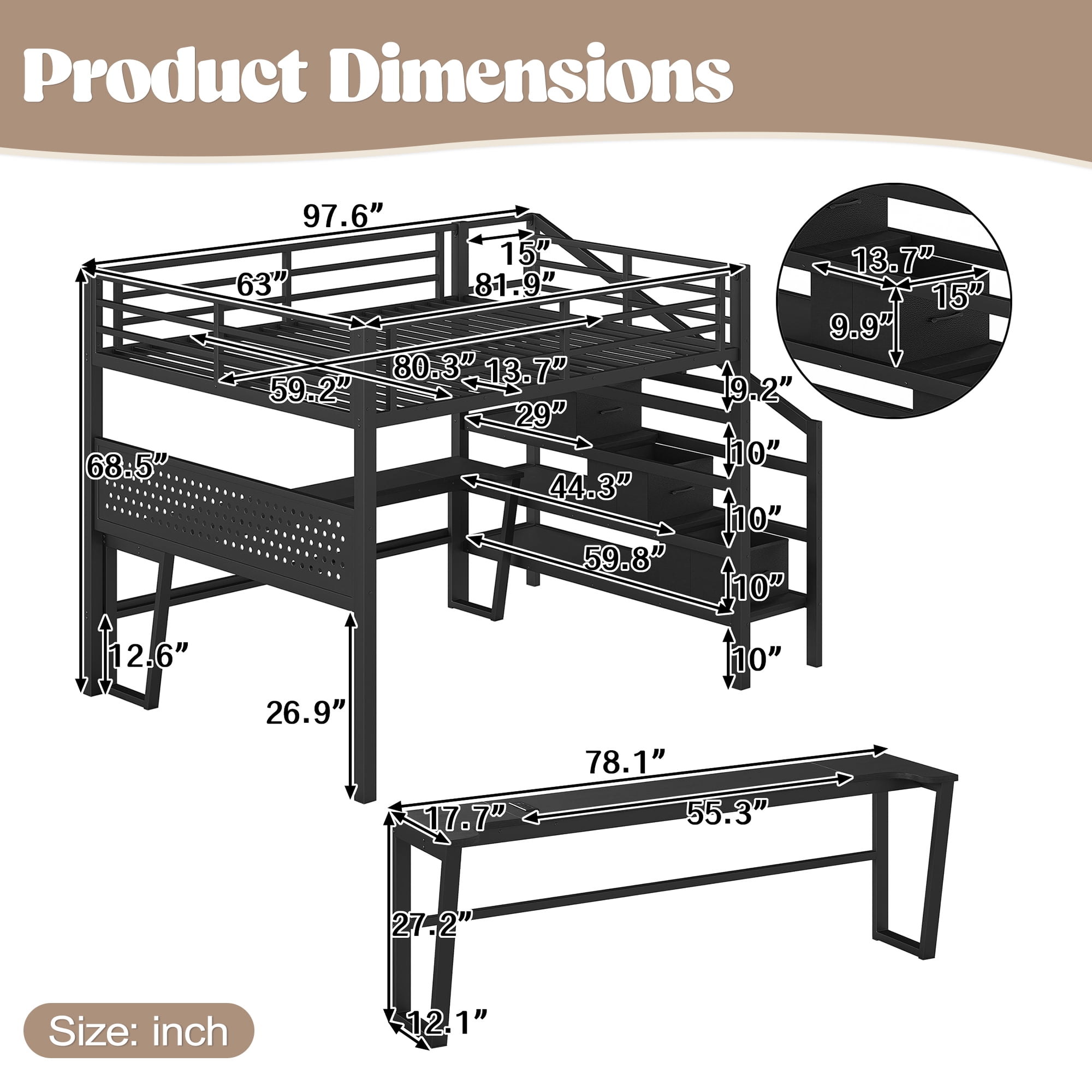 Leumius Queen Size Loft Bed with Storage Stairs and Movable Desk with USB,Metal Loft Bed Frame with 3 Fabric Drawers and LED, Full-Length Guardrail and Pegboard,Black