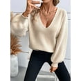 thumbnail image 4 of Women Off the Shoulder V Neck Sweater Top Fitted Long Sleeve Shirt Tie Back Sweater Khaki M, 4 of 9