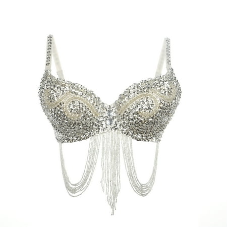 Sequin Bra - BellyLady Belly Dance Tribal Sequined Bra Top, 34A / 34B, Gift Idea-Silver