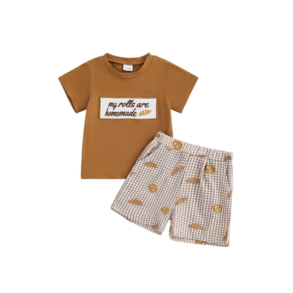 BemeyourBBs Toddler Baby Boy My Rolls Are Homemade Outfits Bread Embroidery Short Sleeve T-Shirt Plaid Shorts Set Summer Clothes