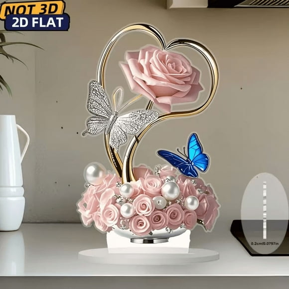 Adorno Decorativo de Escritorio con Rosas Románticas Planas de Acrílico 2D, Regalo Festivo