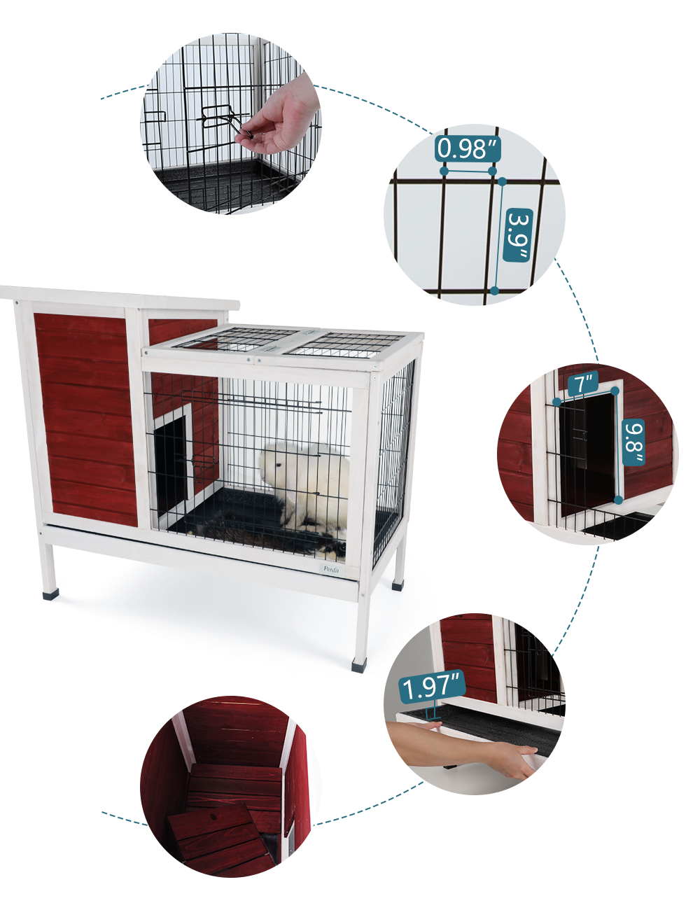 Witaxima Red Wooden Rabbit Hutch with Runway, 37.5x21.5x34 Inch Small Animal Cage, Leak-Proof Plastic Tray for Indoor/Outdoor Use